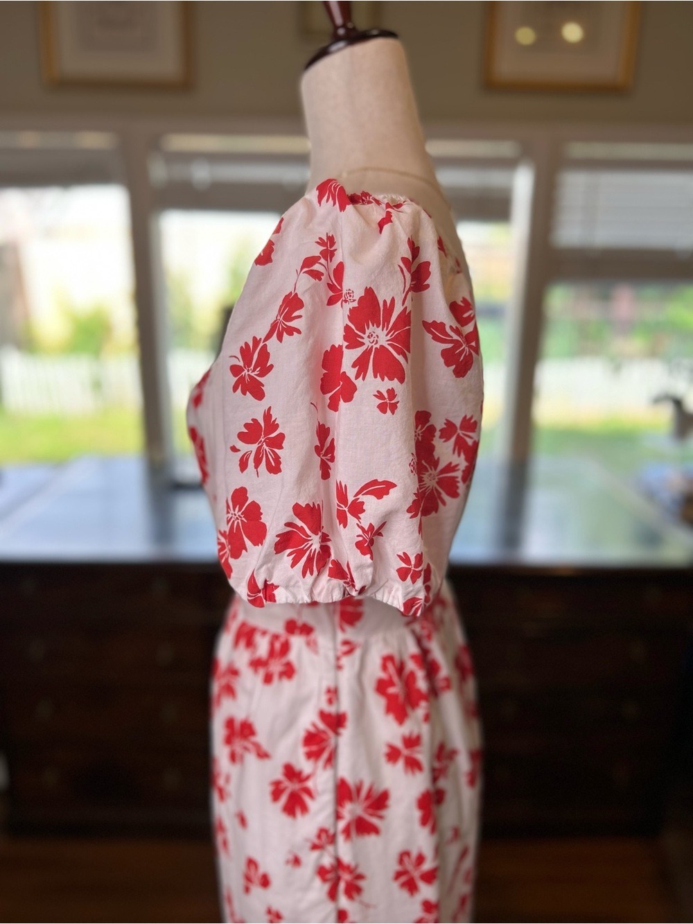 Red Floral Puff Sleeve Midi Dress White Cotton Cottagecore Feminine Chic | 12 - Picture 7 of 8